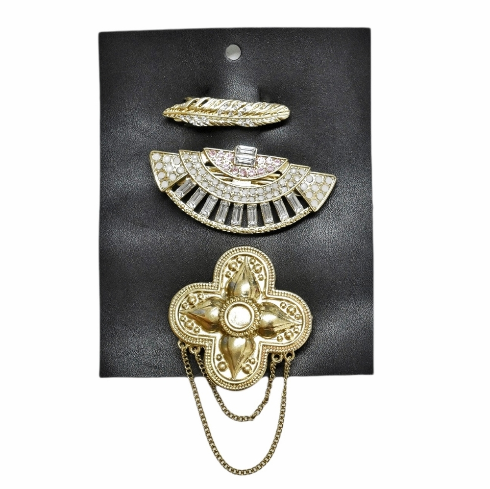NEW Free People | Golden Jewelled Brooch Barrette Hair Clips Bohemian 3 Set